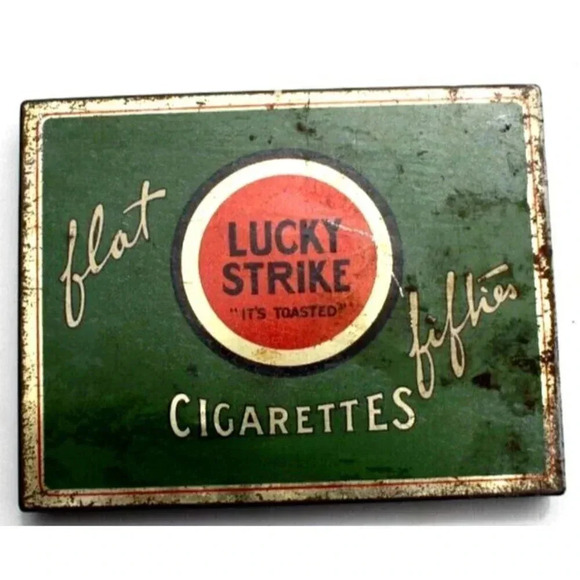 Vintage 1937 LUCKY STRIKE GREEN "IT'S TOASTED" METAL CIGARETTE TIN w/ Tax Stamp - Picture 1 of 4